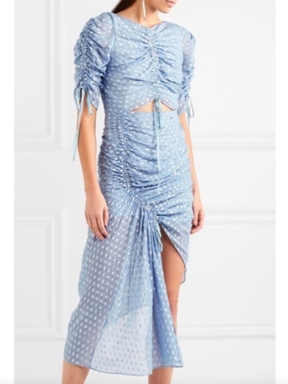 Alice McCall Dress I Feel It Coming Assymetric Ruched Midi in Blue Silver